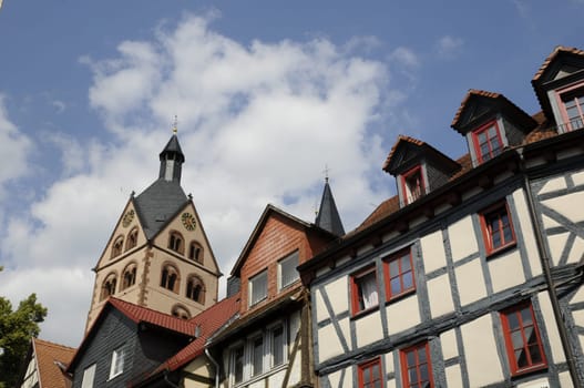 Half-timbered houses and St. Mary's Church in Gelnhausen