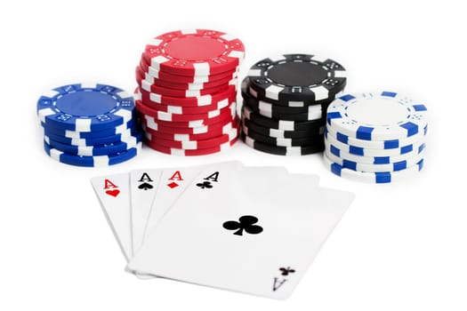 Four Aces on White in Front of Chips