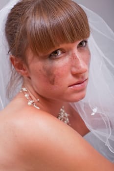 portrait of sad bride crying