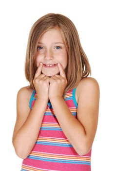 Young girl mimic a smile.