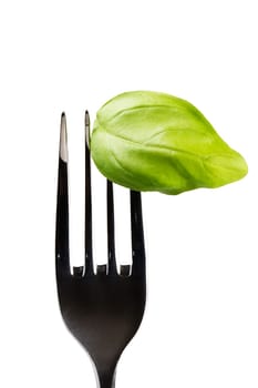 A leaf of basil on fork