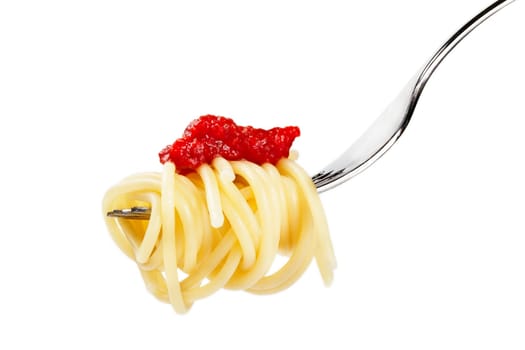 Spaghetti on fork with red sauce