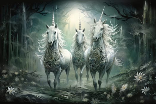 Stunning mythical creatures with majestic presence and shimmering silver horns.