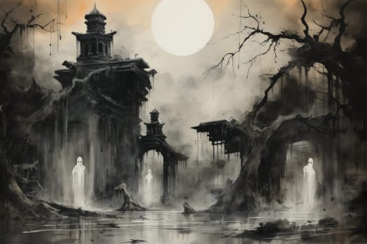 In the realm of fantasy, eerie and ethereal, ancient ruins and crumbling castles are shrouded in an unsettling atmosphere, haunted by ghostly apparitions.