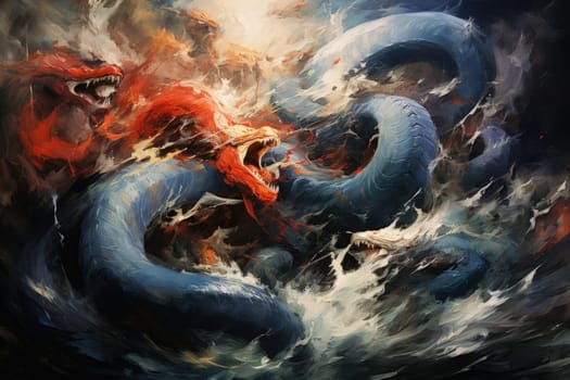 Dive into a fantastical realm where gigantic sea serpents, with their immense coils, slither through treacherous waters.