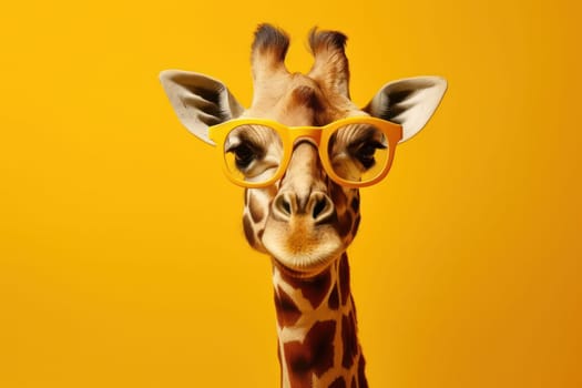 Explore the ecology of the savannah with this exotic giraffe in sunglasses close-up. A colorful and vibrant addition to your designs. AI Generative.