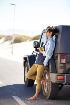 Car road trip, travel and outdoor man relax on road journey, summer adventure or street transportation on vacation tour. Moving automobile, driver freedom and person leaning on SUV, van or vehicle.