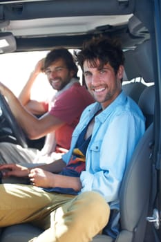 Portrait, travel and happy men friends in a van for road trip, adventure or vacation together. Freedom, transportation and face of people relax in a vehicle for holiday, trip or traveling journey.