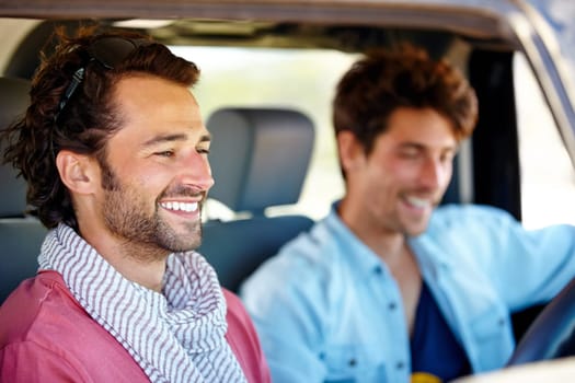 Freedom,, driving and happy men friends in a car for road trip, adventure or vacation together. Travel, transportation and people laugh in a vehicle for holiday, trip or journey outdoor while bonding.