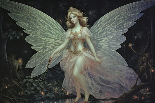 In a mystical realm filled with enchantment and wonder, luminescent fairies gracefully dance through the air, their iridescent wings shimmering with a kaleidoscope of colors.