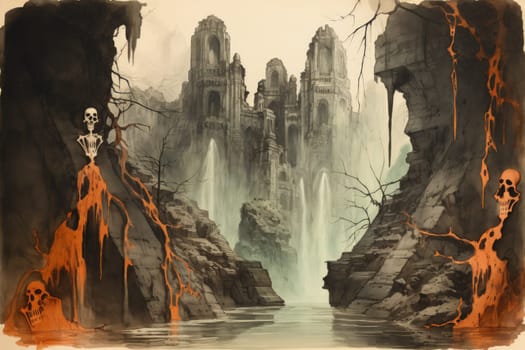 In the realm of fantasy, eerie and ethereal, ancient ruins and crumbling castles are shrouded in an unsettling atmosphere, haunted by ghostly apparitions.