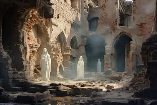 In the realm of fantasy, eerie and ethereal, ancient ruins and crumbling castles are shrouded in an unsettling atmosphere, haunted by ghostly apparitions.