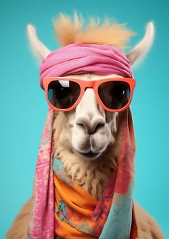 Cute stylish alpaca portrait of llama wearing glasses on blue background wearing glasses and scarf, fashion