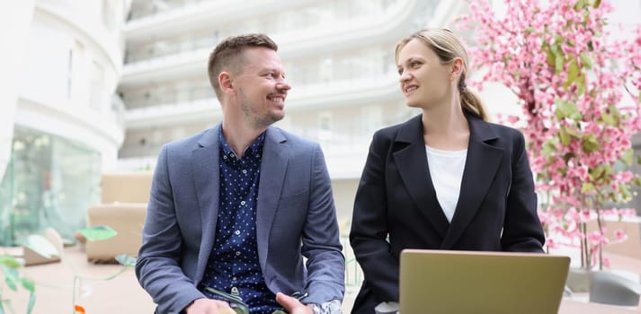 Portrait of businesspeople in suits debate on financial issue, professional coworkers. Success, human resources, data analysis, development, career concept