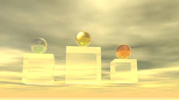 Metal balls on a podium