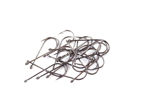 Fishing hooks on an isolated white background.