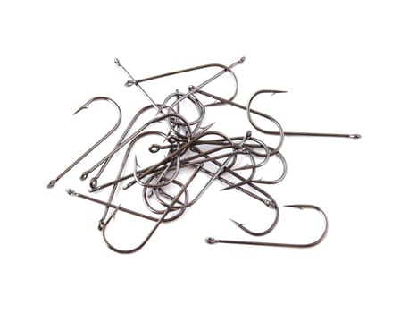 Fishing hooks on an isolated white background.