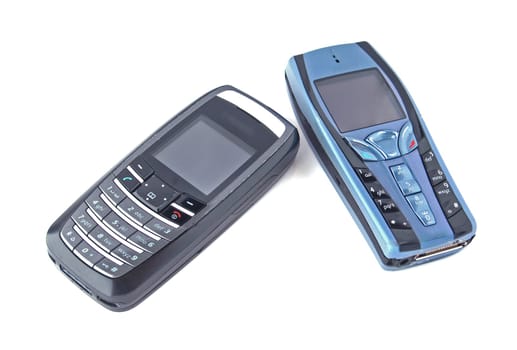 Two telephones on a white background