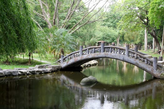 Arched bridge in an Asian garden