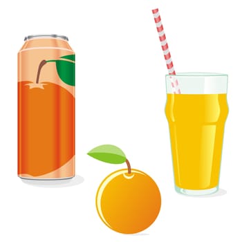 isolated juice can, glass and fruit