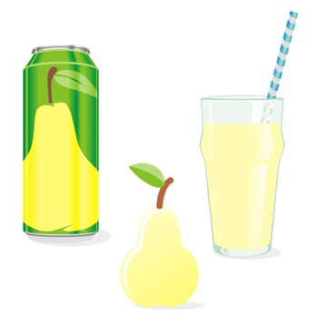 isolated juice can, glass and fruit