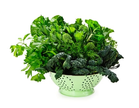 Dark green leafy vegetables in colander