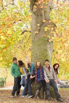 Group Of Six Teenage Friends Leaning Against Tree In Autumn Park