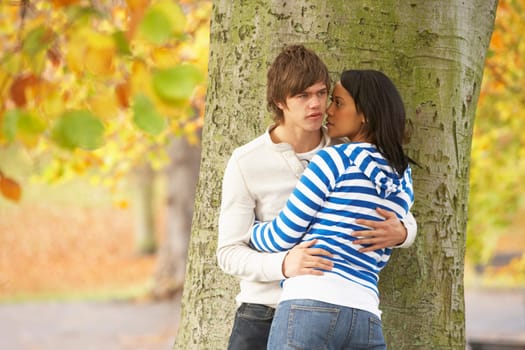Romantic Teenage Couple By Tree In Autumn Park