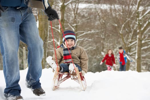 Father Pulling Children On Sledge Through Winter Landscape