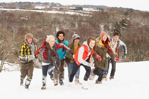 Group Of Teenage Friends Having Fun In Snowy Landscape