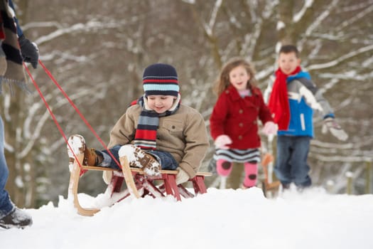 Father Pulling Children On Sledge Through Winter Landscape