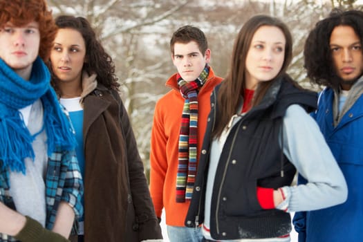 Group Of Teenage Friends Having Fun In Snowy Landscape Wearing Ski Clothing