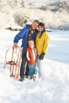Young Family Standing In Snowy Landscape Holding Sledge