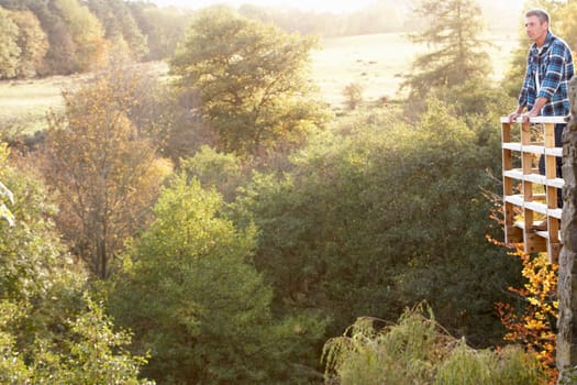 Man Standing On Wooden Balcony Overlooking Autumn Woodland
