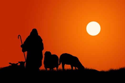 Silhouette of shepherd and sheep
