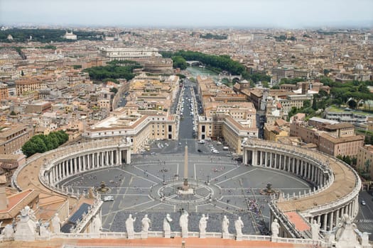 High angle view of St Peter's Square with skyline of Vatican City in the background. Horizontal shot.