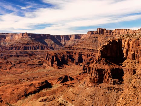 Aerial view of an arid, craggy landscape. Horizontal shot.