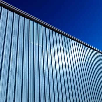 Cropped and low angle view of the side of a metal, industrial storage building. Square shot.