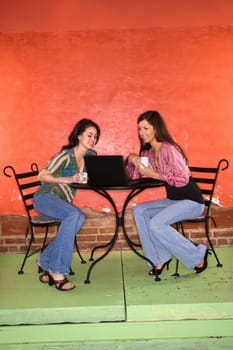 Two young adult women sitting in a cafe, having coffee and using a laptop. Vertical shot.