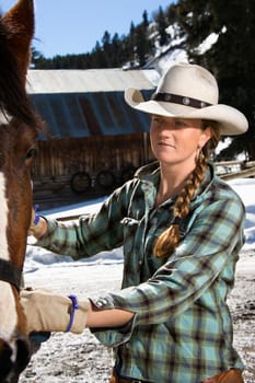 Attractive young woman wearing a cowboy hat and petting a horse. Vertical shot.