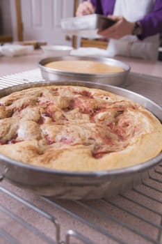 baked cake in a round pan on the cooling rack with baker in the background
