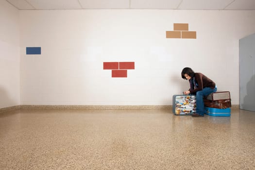 Woman sitting alone on luggage