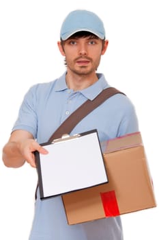 delivery man with package and clipboard