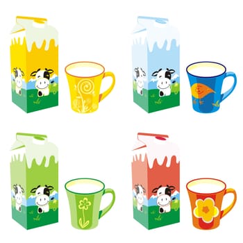 isolated milk carton boxes and mugs