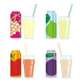 isolated juice cans and glasses