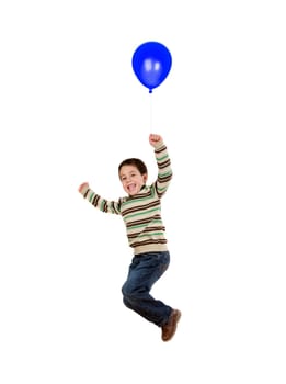 Child flying with blue balloon inflated