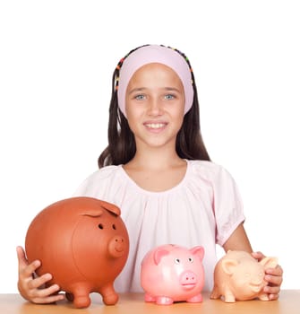 Little girl with three piggy-bank