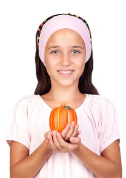 Happy girl in Halloween with a small pum