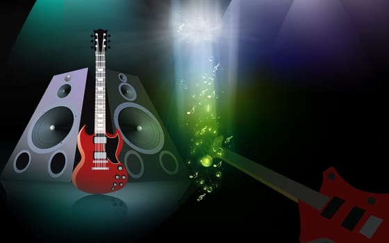 guitar placed between two loud speakers