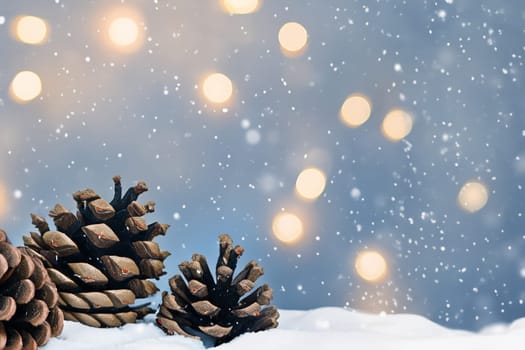Christmas Decoration Banner with Snowy Pine Cones and bokeh winter background
